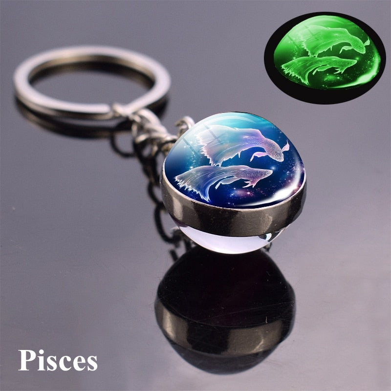 12 Constellation Luminous Keychain Glass Ball Pendant Zodiac Keychain Glow In The Dark Key Chain Holder Men Women